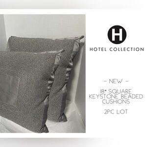 🆕HOTEL COLLECTION - NEW - 2PC LOT - 18” SQUARE BEADED GREY CUSHION / PILLOW